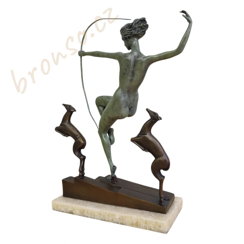 Art Deco bronzová socha Diany: soška bohyně s kolouchy – Diana se 2 psy