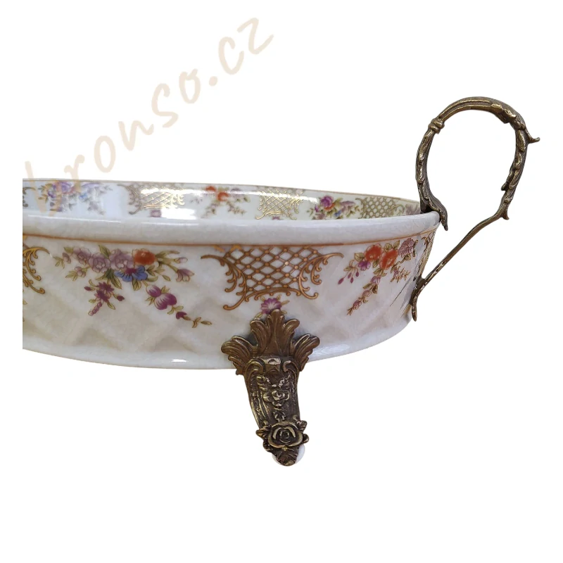 Porcelánová mísa s bronzovými uchy a nožkami – motiv ptáčka a květin, elegantní dekorace ve stylu Art Nouveau