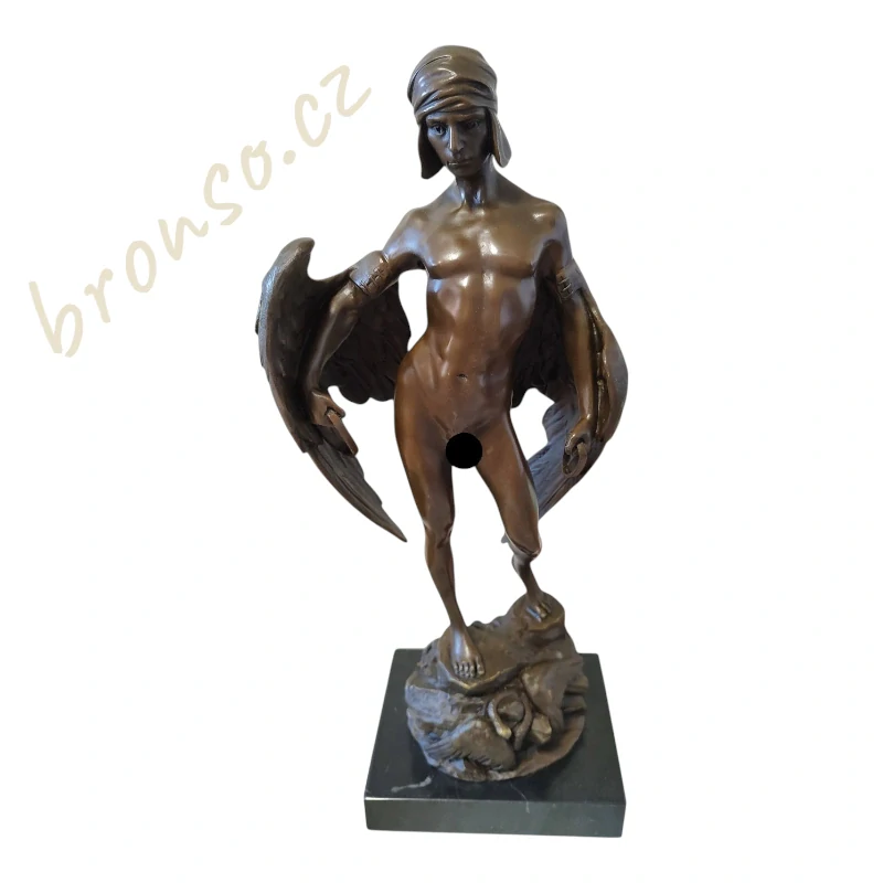 Bronzová socha „Ikarus“ – podepsáno A. Gilbert | Francouzské Art Deco umění z bronzu na mramorovém podstavci