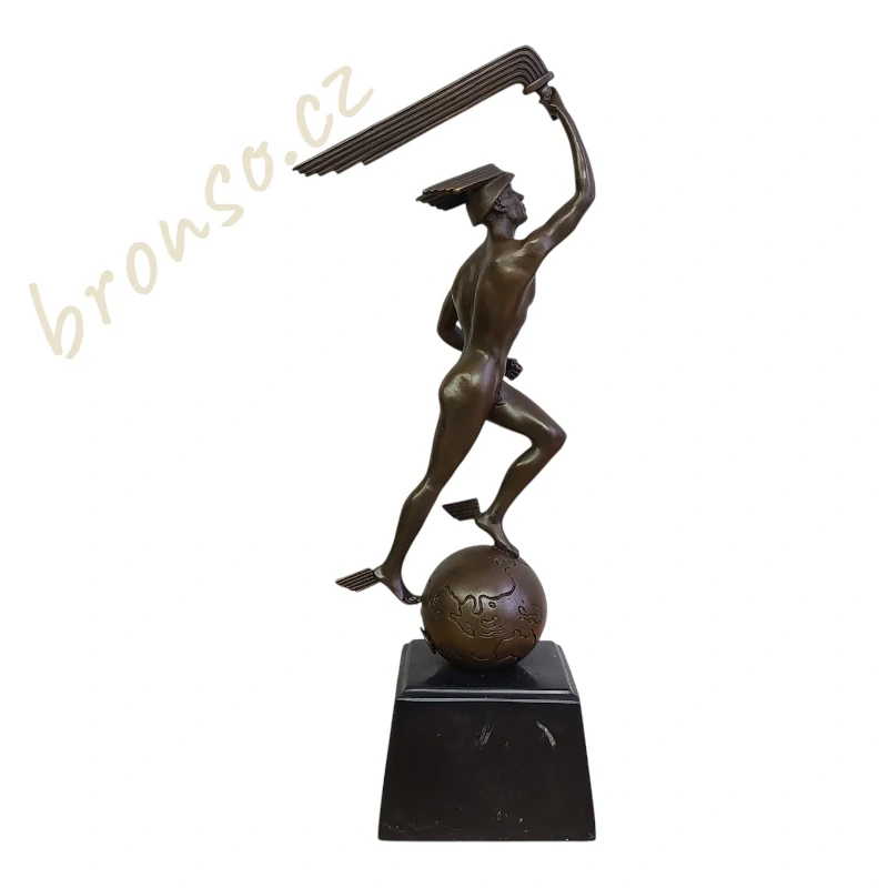 Bronzová socha Merkur – Art Deco | Pravý bronz, mramorový podstavec, signováno a číslováno