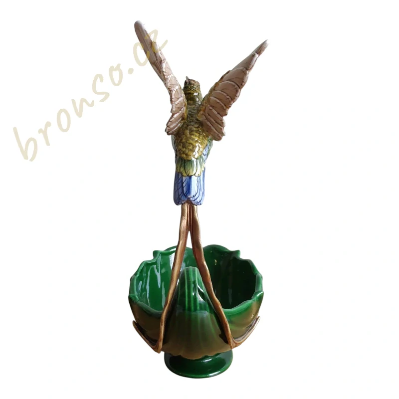 Dekorativní porcelánová mísa s kolibříkem – zelená luxusní mísa s bronzovým detailem