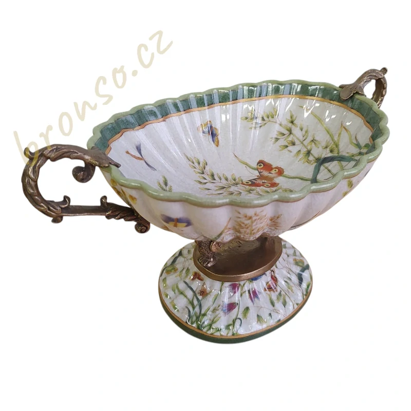 Porcelánová mísa s bronzovým podstavcem – elegantní dekorativní mísa s květinovým a ptačím motivem, luxusní středový prvek