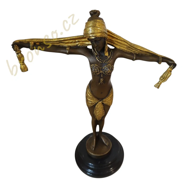 Art Deco bronzová socha tanečnice – orientální tanečnice na mramorovém podstavci