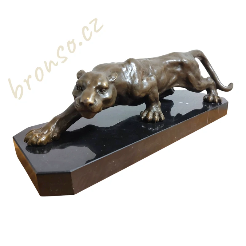 Bronzová socha pantera na mramorovém podstavci – elegantní Art Deco dekorace