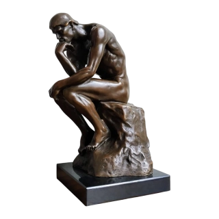 Bronzová socha „Myslitel“ podle A. Rodina na mramorovém podstavci (Le Penseur)
