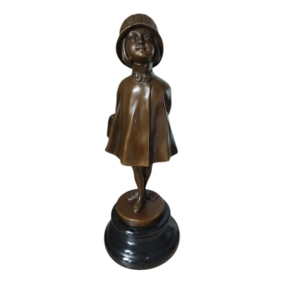 Socha studentky s aktovkou – bronz na mramorovém podstavci – Art Deco figurka – elegantní dekorace