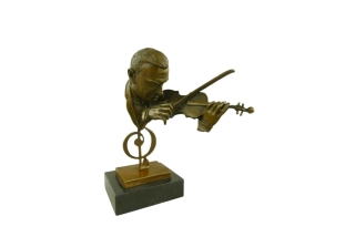Bronzová soška houslisty – busta hudebníka na mramorovém podstavci