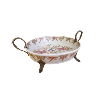 Porcelánová mísa s bronzovými uchy a nožkami – motiv ptáčka a květin, elegantní dekorace ve stylu Art Nouveau