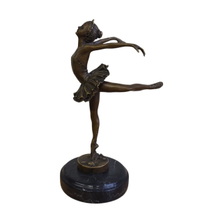Bronzová socha baletky Art Nouveau – ruční práce, 31 cm, mramorový podstavec