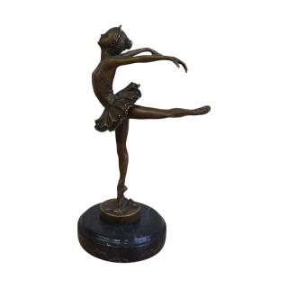 Bronzová socha baletky Art Nouveau – ruční práce, 31 cm, mramorový podstavec