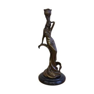 Bronzový svícen Art Nouveau – signováno Milo, patinovaný bronz na mramorové podstavě