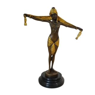 Art Deco bronzová socha tanečnice – orientální tanečnice na mramorovém podstavci